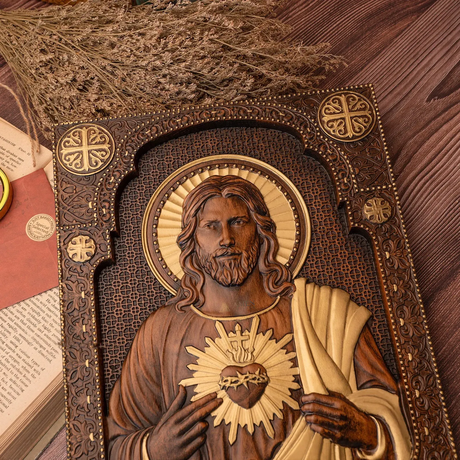Sacred Heart of Jesus Wood Carved Relief Decor Amen Artisan - Image 5