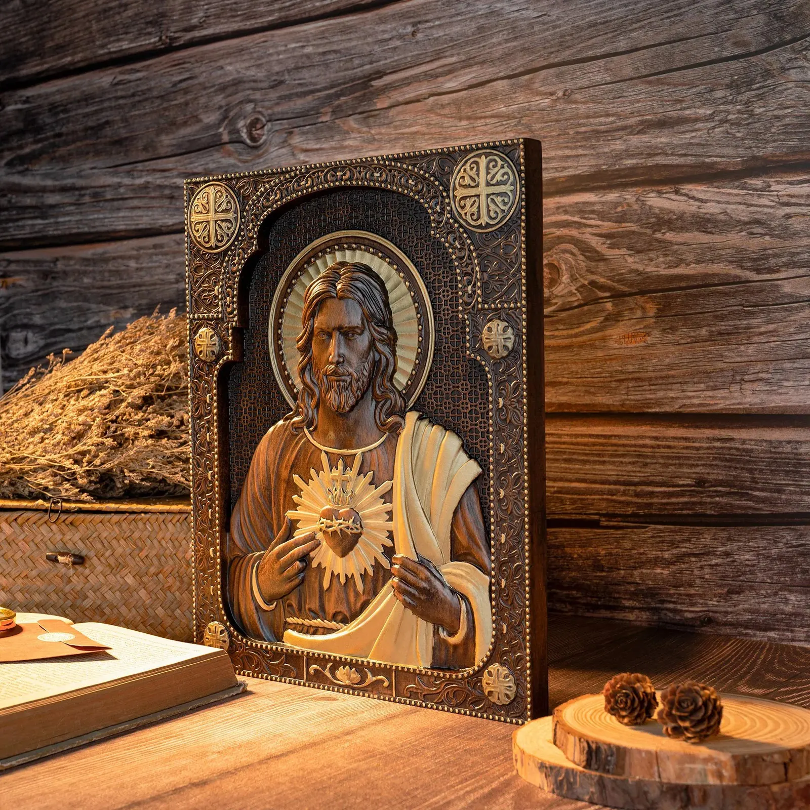Sacred Heart of Jesus Wood Carved Relief Decor Amen Artisan - Image 8