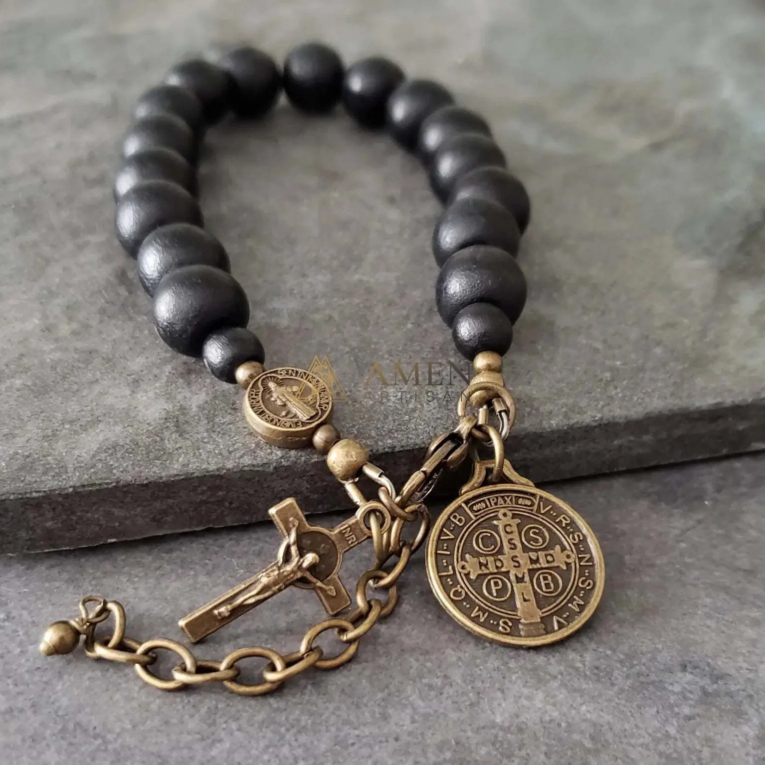 Black Wood Beads Brass Saint Benedict Medal Adjustment Bracelet Amen Artisan - Image 5