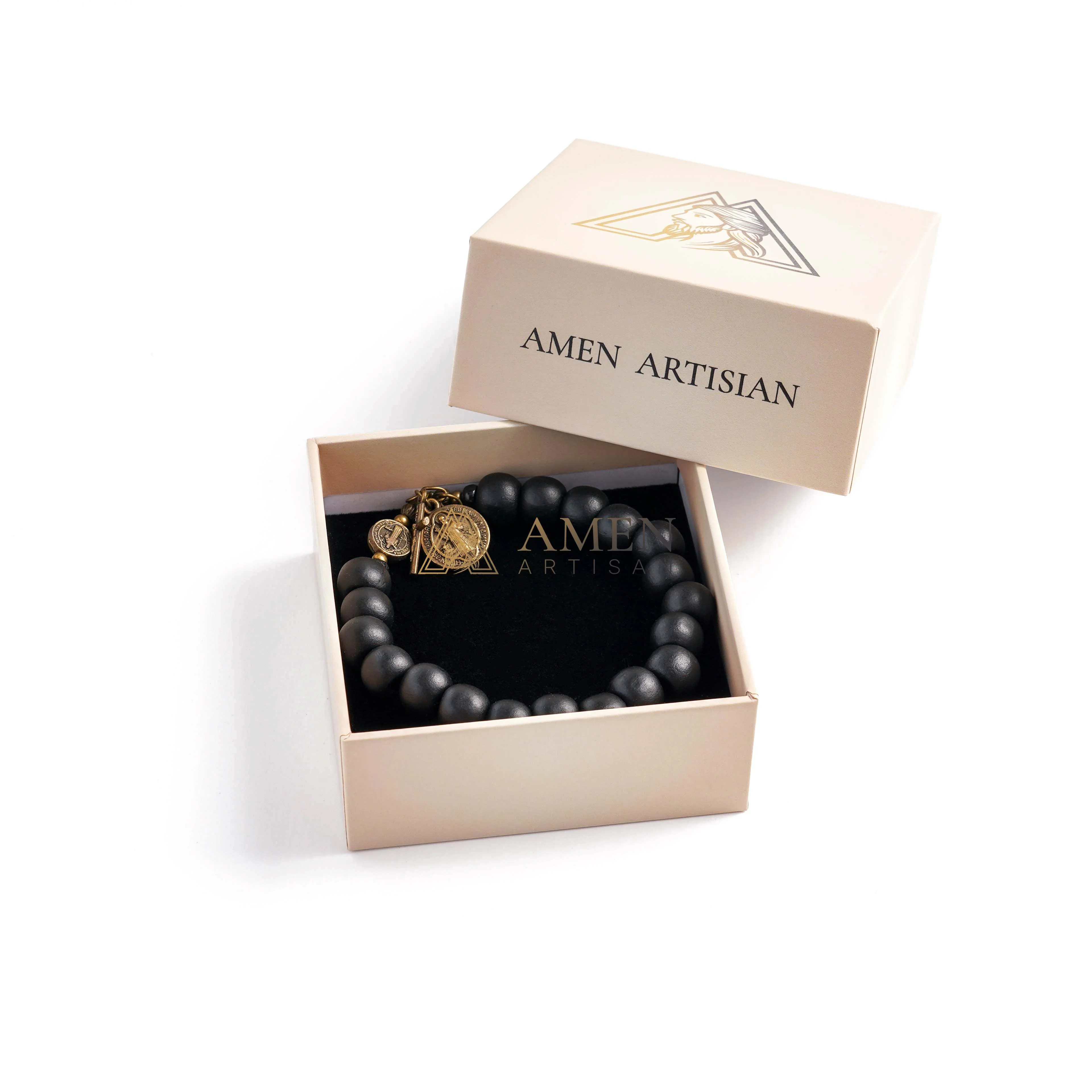 Black Wood Beads Brass Saint Benedict Medal Adjustment Bracelet Amen Artisan - Image 8